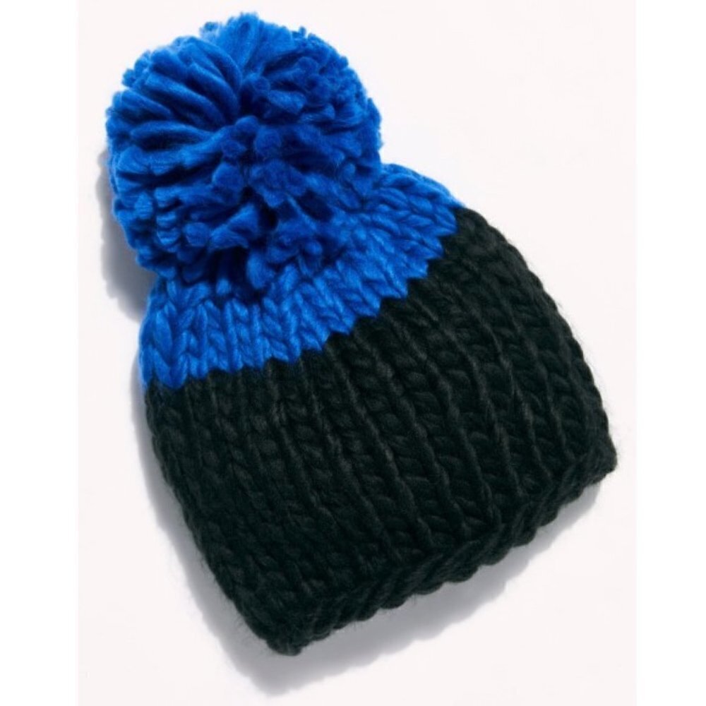 Free People 'Cozy Up' Color Block Pom Beanie Hat, Black/Blue
